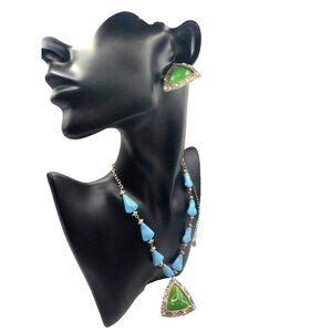 Vintage Bijoux Terner Necklace Earrings Green Blue Resin Rhinestone NOS on card